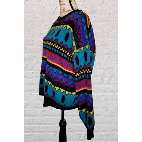 Vtg 80s Chauvin Retro Geometric Sweater Size MED Black Turquoise Jumper Pullover - Picture 2 of 4